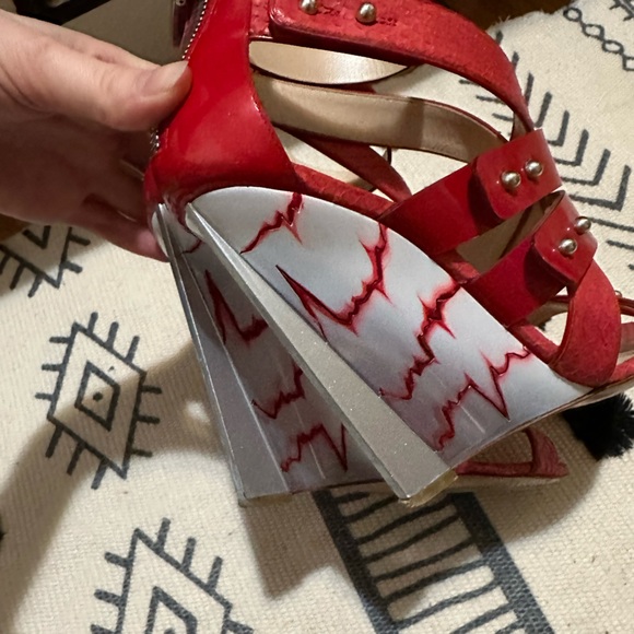 👠 Casadei Prabal Gurung Red Patent Cardiogram Wedges Platform Sandals Heels - Picture 8 of 15